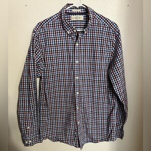 HAWKER RYE Classic Slim Fit Plaid Casual Button Down Shirt Red White Blue Mens L